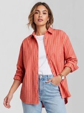 A New Day EUC coral Striped oversized 
100% cotton button up Shirt. 
size Med